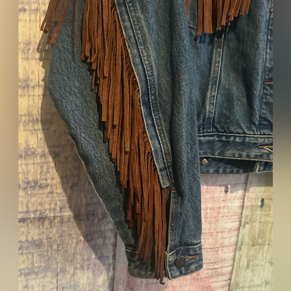 Womens Jean Denim Suede Fringe Western Cowgirl Rodeo Jacket Large Rock n Roll - Picture 6 of 16